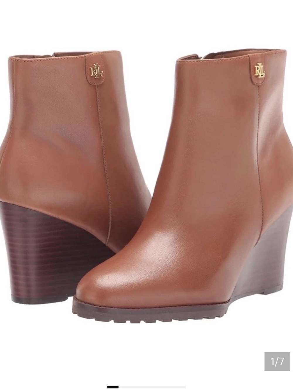 Lauren Ralph Lauren Shaley Leather Ankle Boots Brown Wedge 6.5 Quiet Luxury Chic